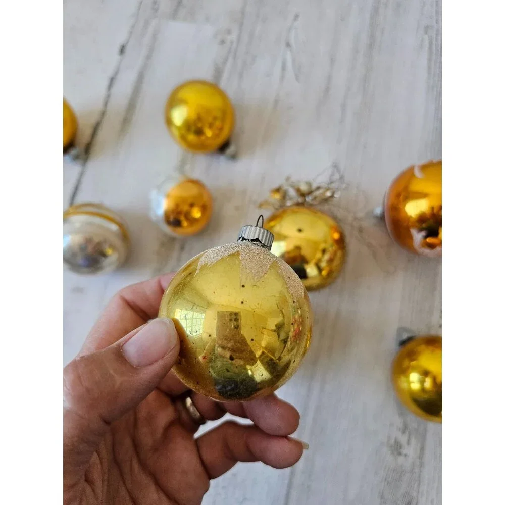 Vintage Mercury glass yellow ball ornament‎ set striped glitter tinsel